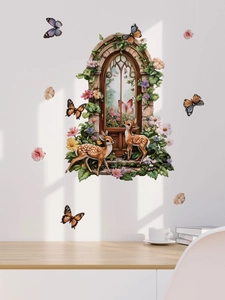 Close-up of deer and floral window wall decal with realistic soft shadow on white wall