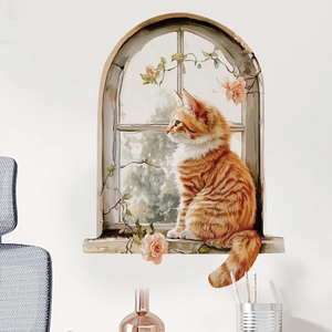 Artistic faux window wall decal featuring an orange tabby cat and pink roses in home decor