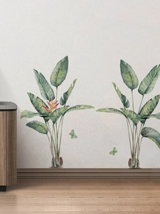 Macro detail of tropical green plant wall stickers with watercolor bird of paradise leaves
