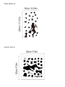 Detailed wall sticker layout size and pasting effect dimensions for DIY rose girl and cat decal