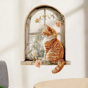 3D orange cat and roses fake window wall sticker for warm home interior wall decor