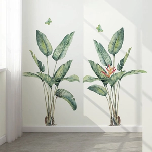 Tropical bird of paradise wall sticker with green leaves and butterflies for home decor