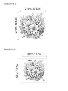 Vue détaillée du sticker mural floral monochrome avec dimensions et effet de pose