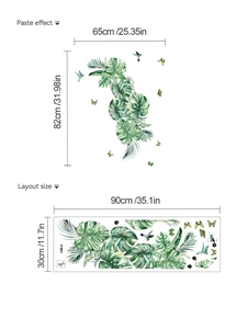 Detailed wall sticker layout with tropical green monstera leaves and colorful butterflies