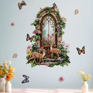 Forest deer and floral window wall sticker on a blue background for home decoration
