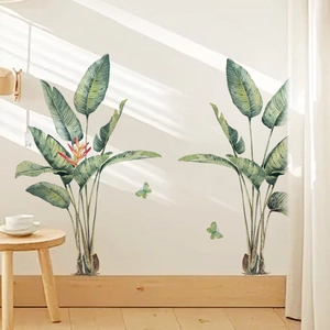 Tropical green plants wall stickers featuring paradise bird leaves for home decoration