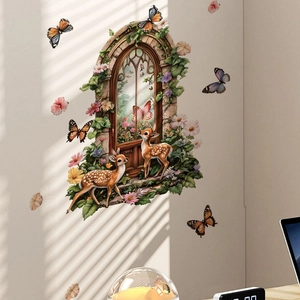 Fantasy garden wall sticker featuring deer and floral window design in a home setting