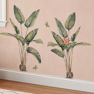 Tropical bird of paradise plant wall stickers with green leaves and butterflies on pink wall