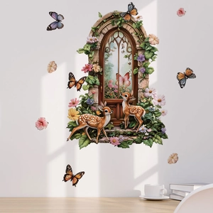 Self-adhesive wall sticker with deer and floral window design on a minimalist white wall