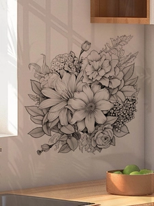 Détail des stickers muraux floraux noir et blanc avec art de ligne de plantes artistiques