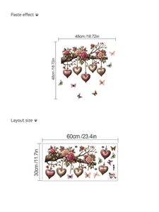 Layout und Anwendungsgröße von Herz-Blumen-Wandstickern mit rosa Rosen und Schmetterlingen