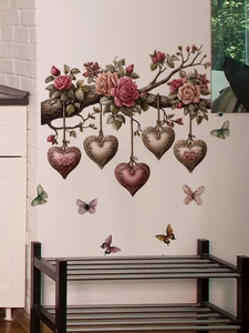 Detail von PVC Rosen Wandtattoo mit hängenden Herzen und Schmetterlingen für Wohnkultur
