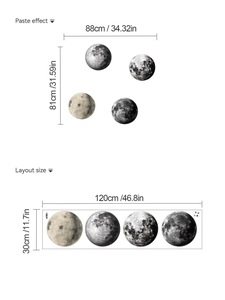 Details zur Layoutgröße und zum Klebeeffekt des Mond-Wandtattoos mit Maßen