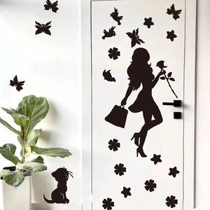 Fashionable girl silhouette wall sticker with rose, butterfly and cat for home decor