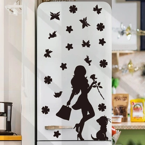 Elegant black silhouette wall sticker featuring a woman with roses and cat for home decor