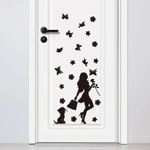 Black silhouette wall decal featuring a stylish lady with rose, cat and butterflies