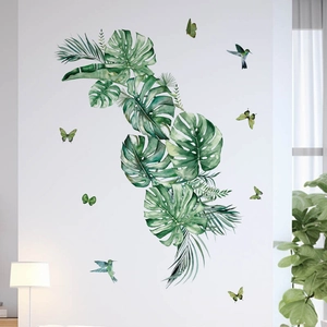 Waterproof PVC wall stickers featuring tropical green leaves, hummingbirds and butterflies