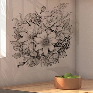 Sticker mural floral croquis noir et blanc minimaliste pour décor de salon et cuisine