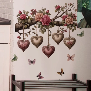 Valentinstag Romantische Herz Zweig Wandaufkleber PVC 3D Rose Blumen Schmetterling Deko Für Schlafzimmer Wohnzimmer Haus Dekoration