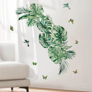 Tropical watercolor wall stickers with green palm leaves, hummingbirds and butterflies