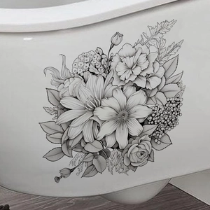 Sticker floral noir et blanc avec dahlia et rose sur une surface en céramique blanche
