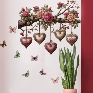 3D Wandtattoo mit rosa Rosen Zweigen Herzen und Schmetterlingen für Wohnzimmer Deko