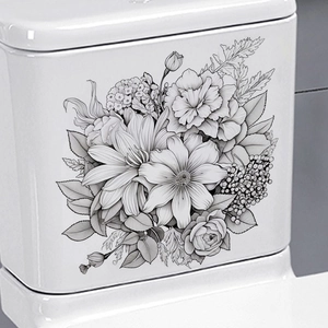 Stickers muraux fleurs croquis noir et blanc de dahlia et rose sur les toilettes