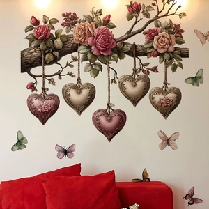 Wandtattoo mit Rosenzweig, hängenden Herzen und Schmetterlingen für Wohnkultur