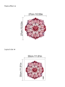 Detalle de dimensiones y diseño del adhesivo de pared de PVC con corazón de mandala rojo