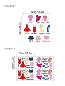 Wardrobe organization stickers showing 11 clothing icons with paste and layout dimensions