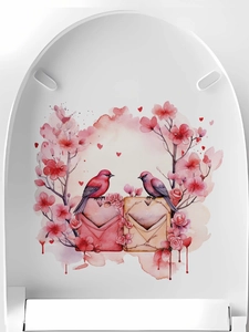 Detailed watercolor illustration of pink birds and cherry blossoms on a toilet lid sticker