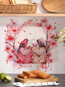 Detail of watercolor pink birds and floral cherry blossoms on a white tile kitchen wall
