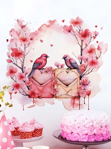 Detail of pink watercolor bird wall stickers on heart envelope with floral decor
