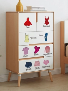 Macro detail of hand-drawn clothing closet organizers with 10 sorting labels on a white dresser