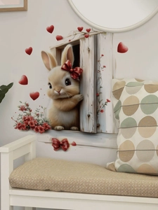 Detail of cute brown bunny wall sticker with red hearts and flowers on white wood window