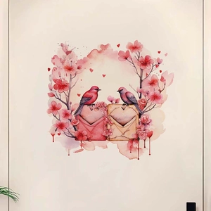 Romantic pink bird wall stickers with watercolor floral hearts for bedroom decor