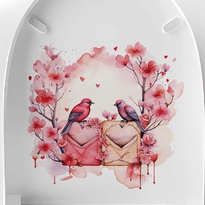 Pink birds and cherry blossoms watercolor wall sticker on a white surface
