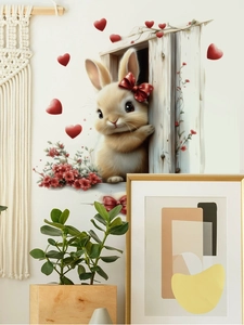 Detail view of cute rabbit wall stickers with red hearts on a cozy home background