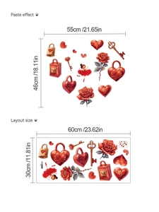 Detail showing red rose and heart lock wall stickers with layout size measurements