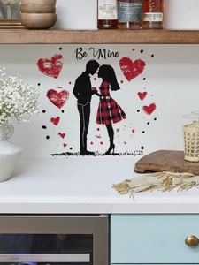 Detail view of Be Mine Valentine couple wall decals on a white kitchen backsplash