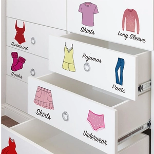 Self-adhesive PVC wardrobe clothing labels with various icons for organized storage