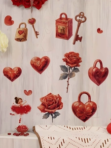 Detail showing red rose and heart wall stickers with ballet girl on white wood background