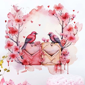 Pink bird wall sticker with cherry blossoms and envelopes for romantic home decoration