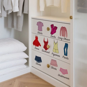 Self-adhesive PVC wardrobe organizer stickers featuring colorful clothes icons and text