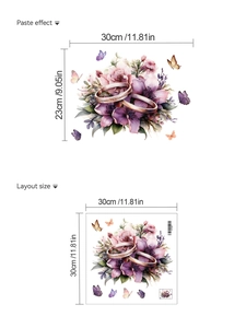 Detailed layout showing purple flower and ring wall sticker dimensions and paste effect