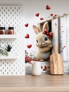 Close-up of cute rabbit wall sticker peering through window with red hearts and flowers