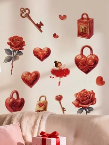 Detail of PVC red rose heart wall stickers with ballerina and golden key for home decor