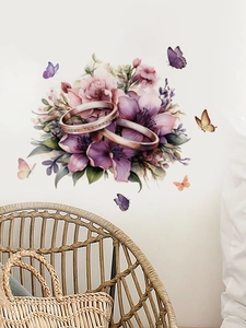 Detail of purple flower and ring wall stickers in a cozy living room background