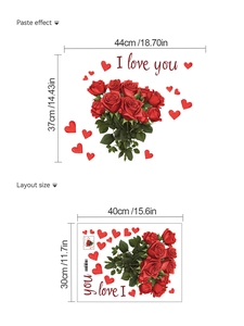Macro detail of red rose heart wall stickers with I Love You lettering and dimensions