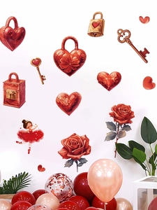 Detail of red rose and heart lock wall stickers on a clean white background